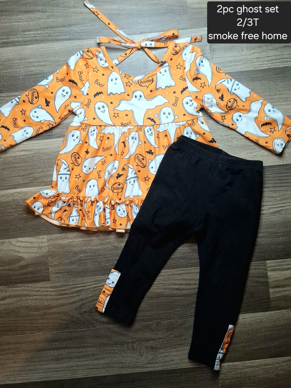 Orange Ghost Print Halter Ruffle Dress & Black Leggings Kids Set
